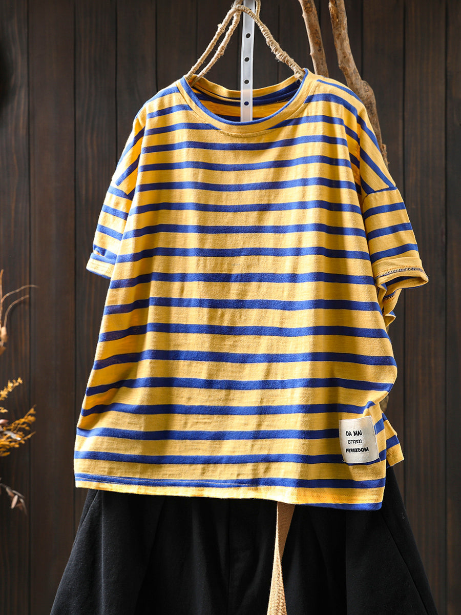 O-Neck Colorblock Stripe Casual Women Summer Cotton Shirt