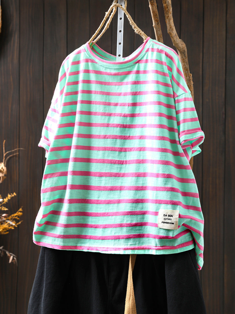 O-Neck Colorblock Stripe Casual Women Summer Cotton Shirt