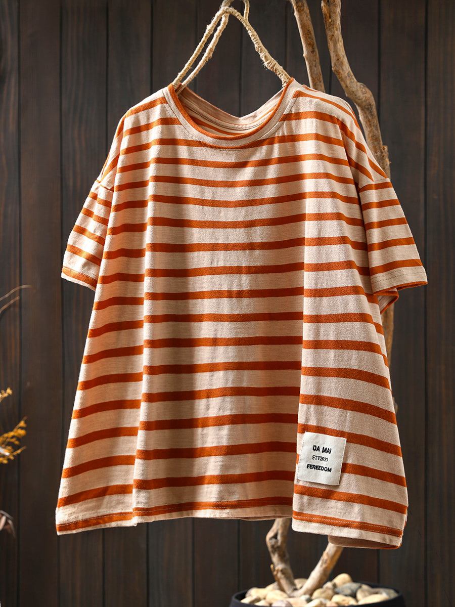 O-Neck Colorblock Stripe Casual Women Summer Cotton Shirt