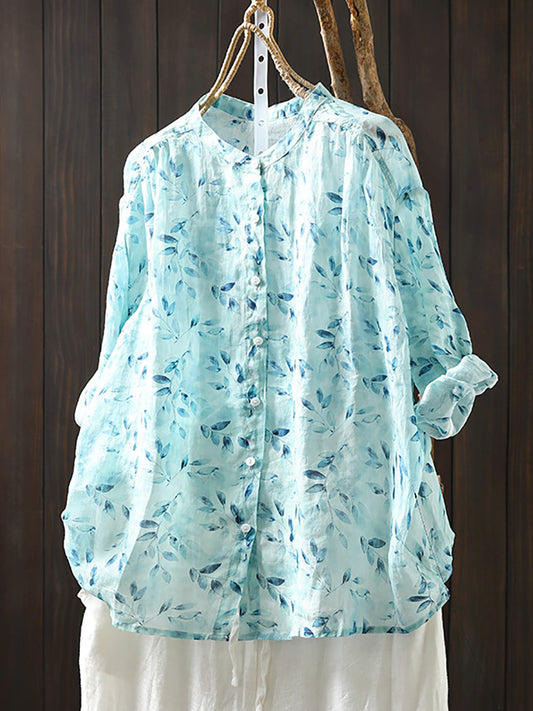 Collar Shirt 100%Ramie Women Stand Summer Flower Artsy