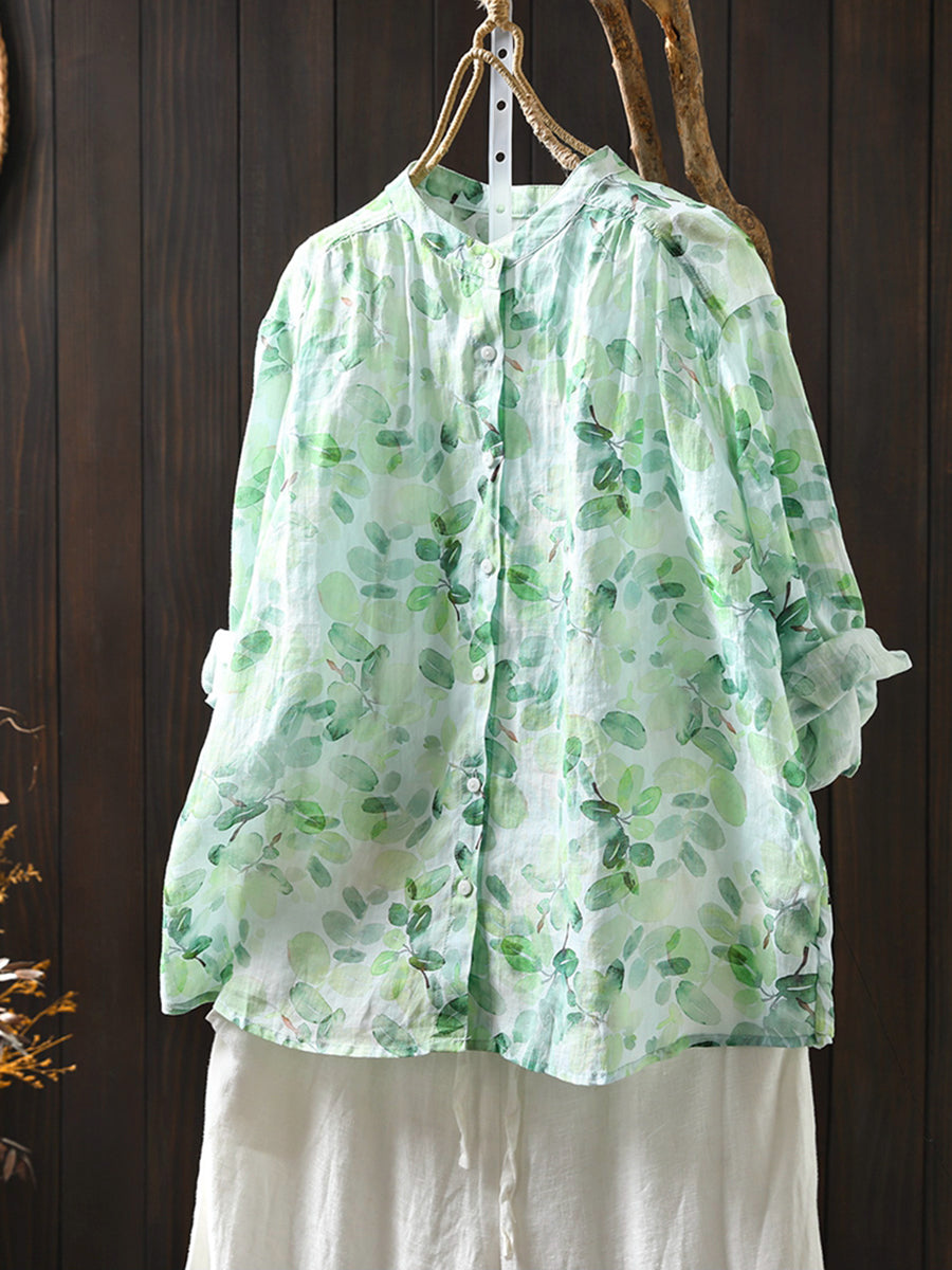 Collar Shirt 100%Ramie Women Stand Summer Flower Artsy