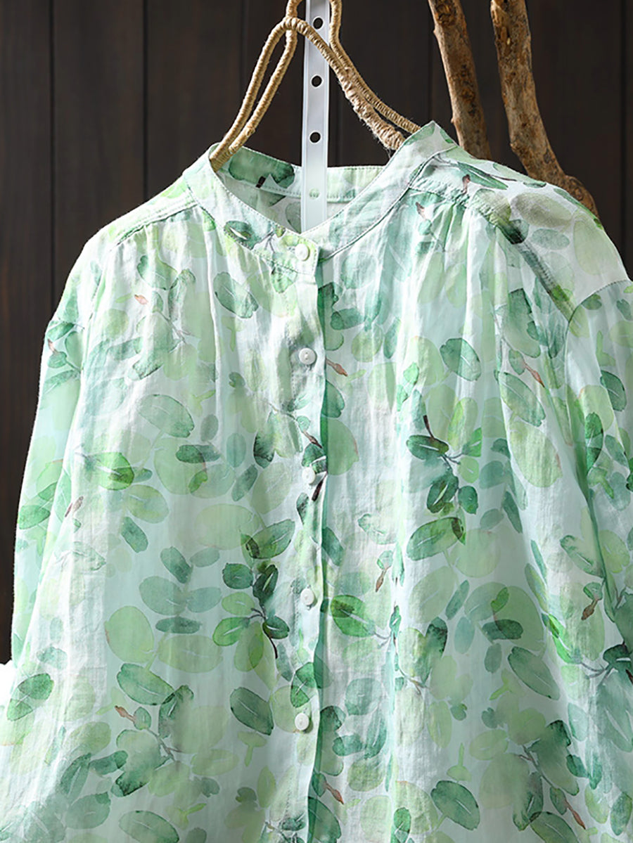 Collar Shirt 100%Ramie Women Stand Summer Flower Artsy