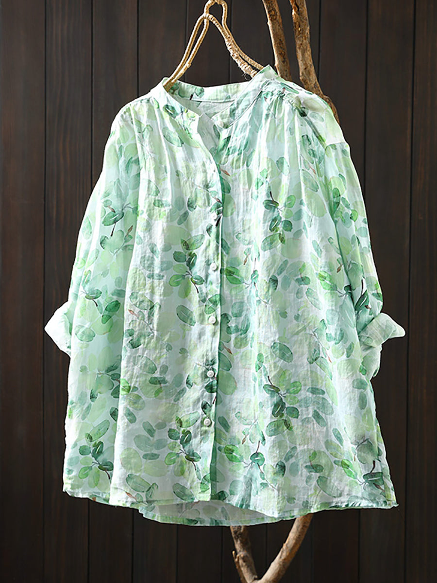 Collar Shirt 100%Ramie Women Stand Summer Flower Artsy