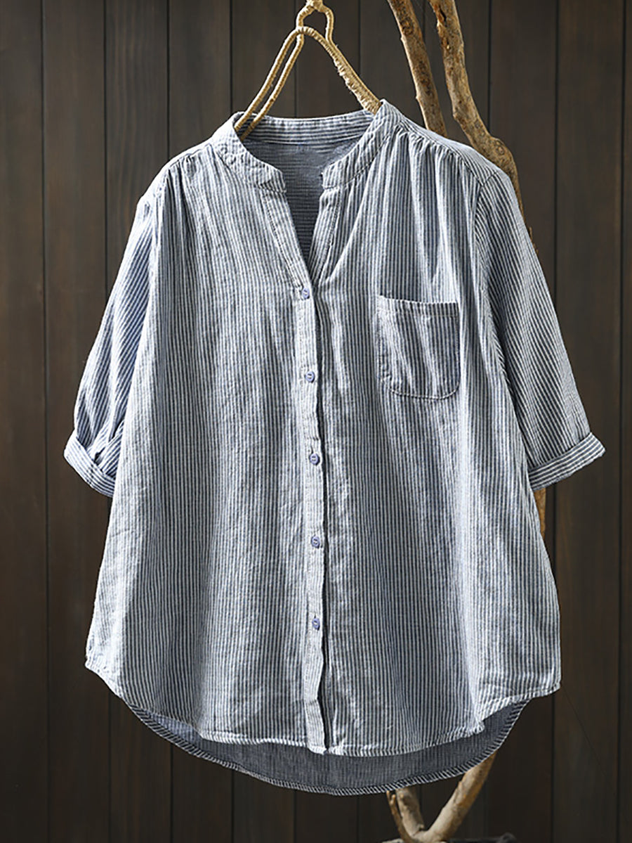 100%Cotton Summer Shirt Casual Women V-Neck Stripe