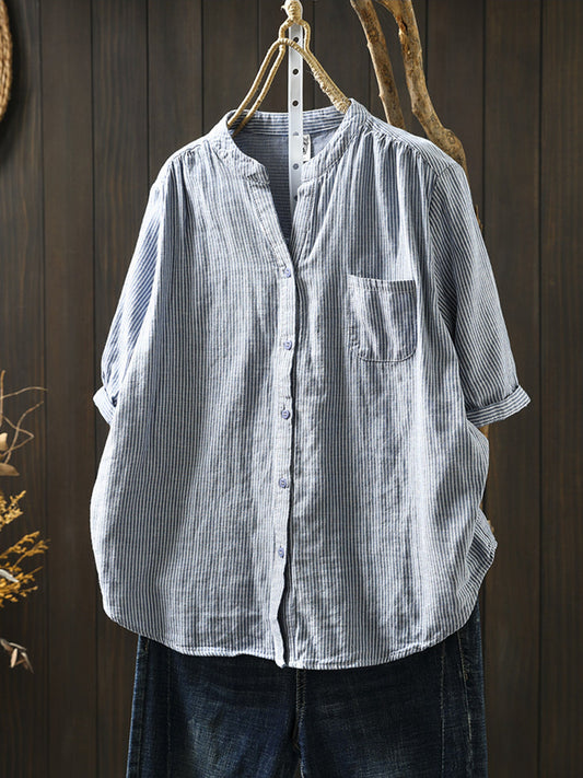 100%Cotton Summer Shirt Casual Women V-Neck Stripe