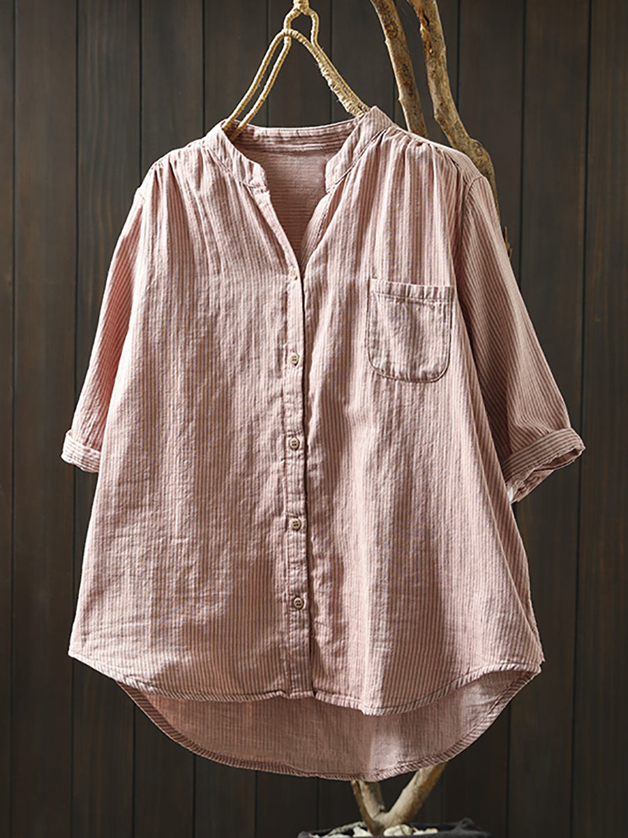 100%Cotton Summer Shirt Casual Women V-Neck Stripe