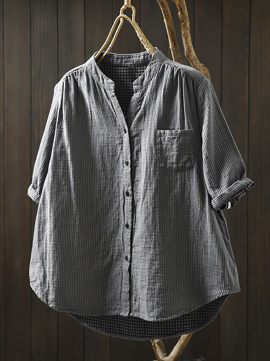 100%Cotton Summer Shirt Casual Women V-Neck Stripe