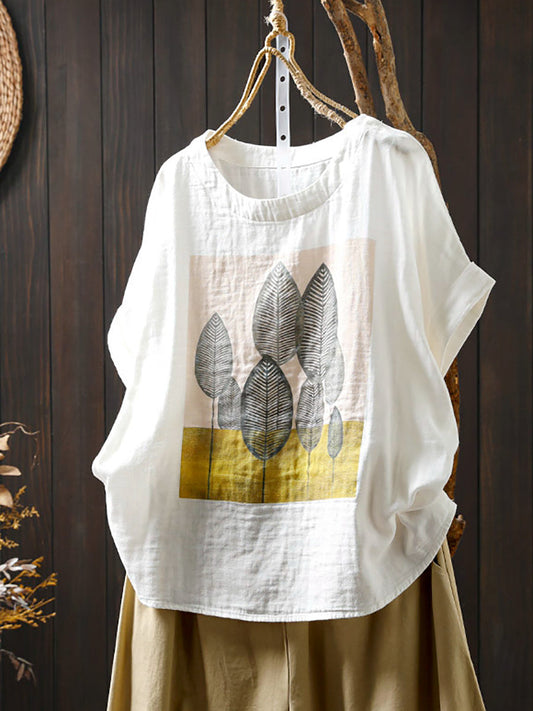Women Shirt Summer O-Neck Print Casual Cotton