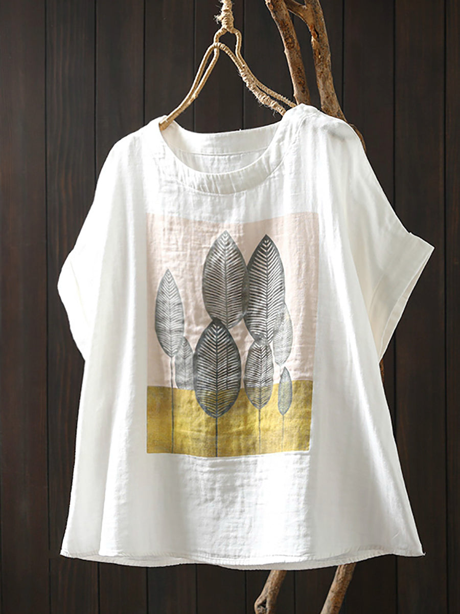 Women Shirt Summer O-Neck Print Casual Cotton