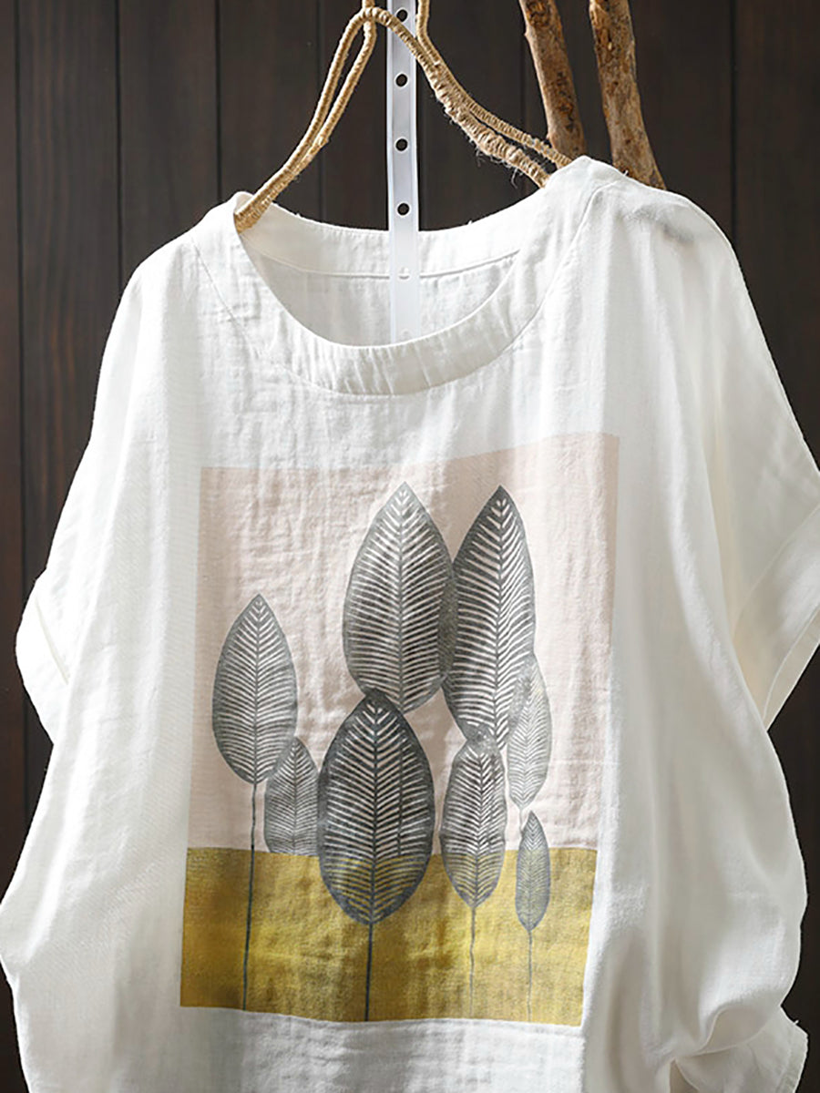 Women Shirt Summer O-Neck Print Casual Cotton