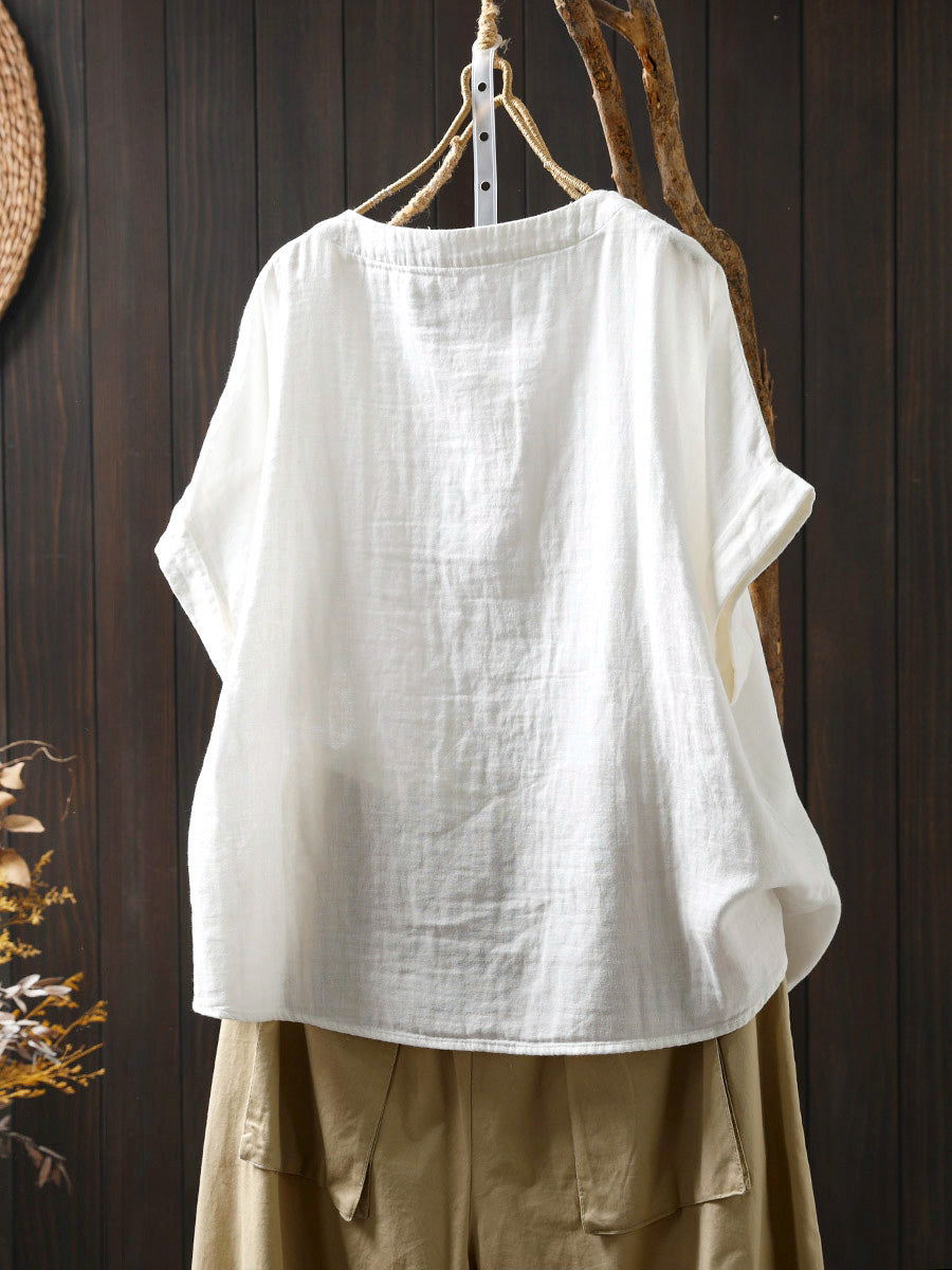 Women Shirt Summer O-Neck Print Casual Cotton