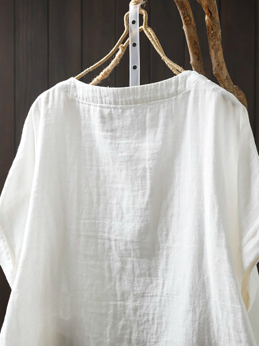 Women Shirt Summer O-Neck Print Casual Cotton