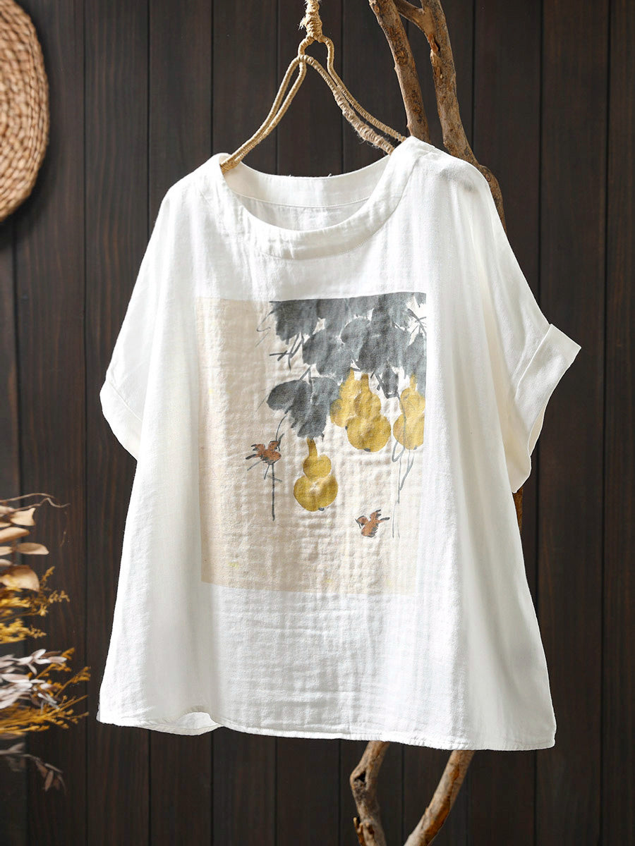 Women Shirt Summer O-Neck Print Casual Cotton