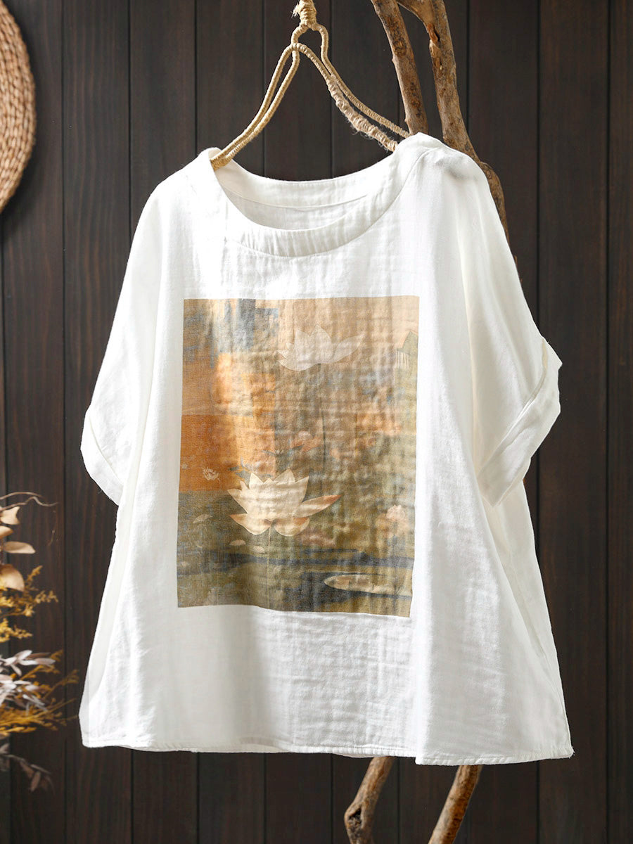 Women Shirt Summer O-Neck Print Casual Cotton