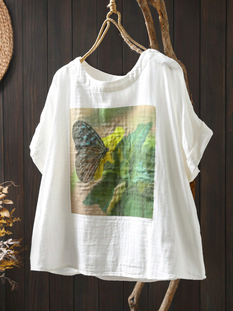 Women Shirt Summer O-Neck Print Casual Cotton