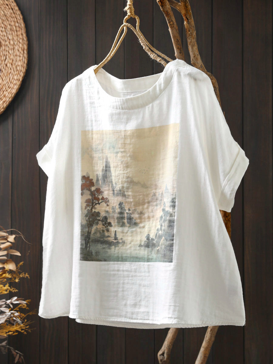 Women Shirt Summer O-Neck Print Casual Cotton