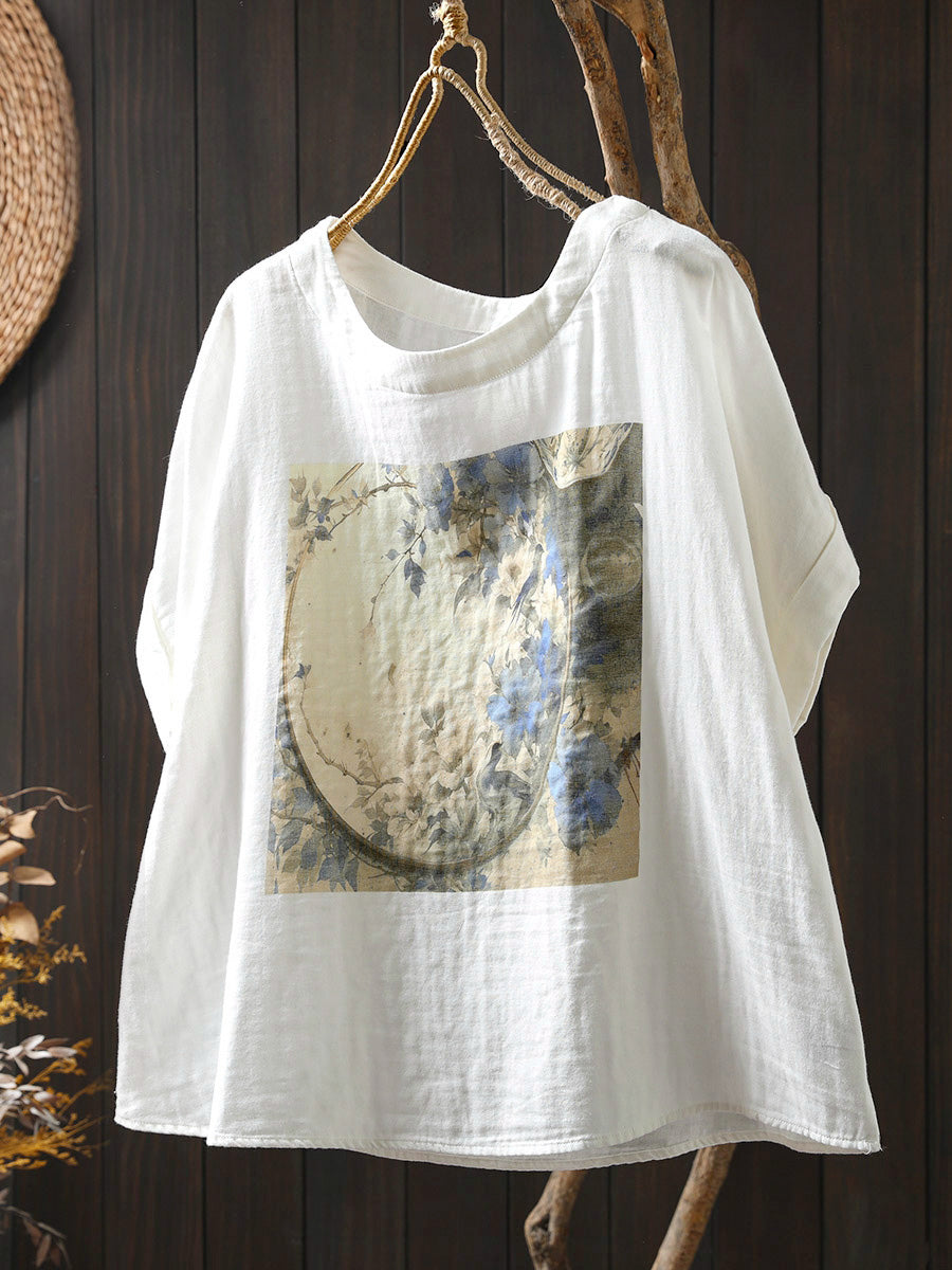 Women Shirt Summer O-Neck Print Casual Cotton