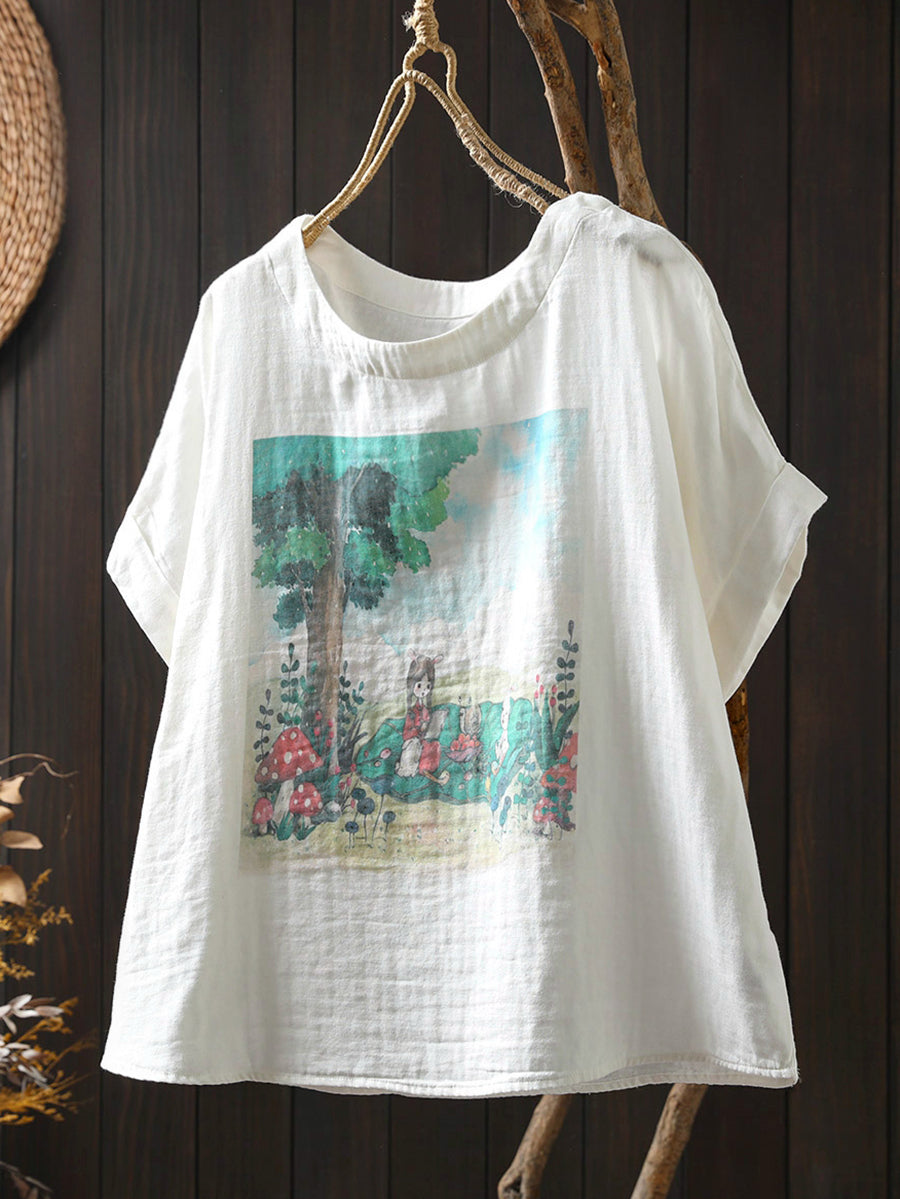 Women Shirt Summer O-Neck Print Casual Cotton