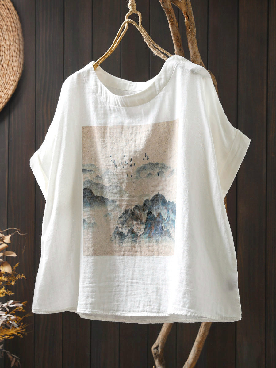 Women Shirt Summer O-Neck Print Casual Cotton