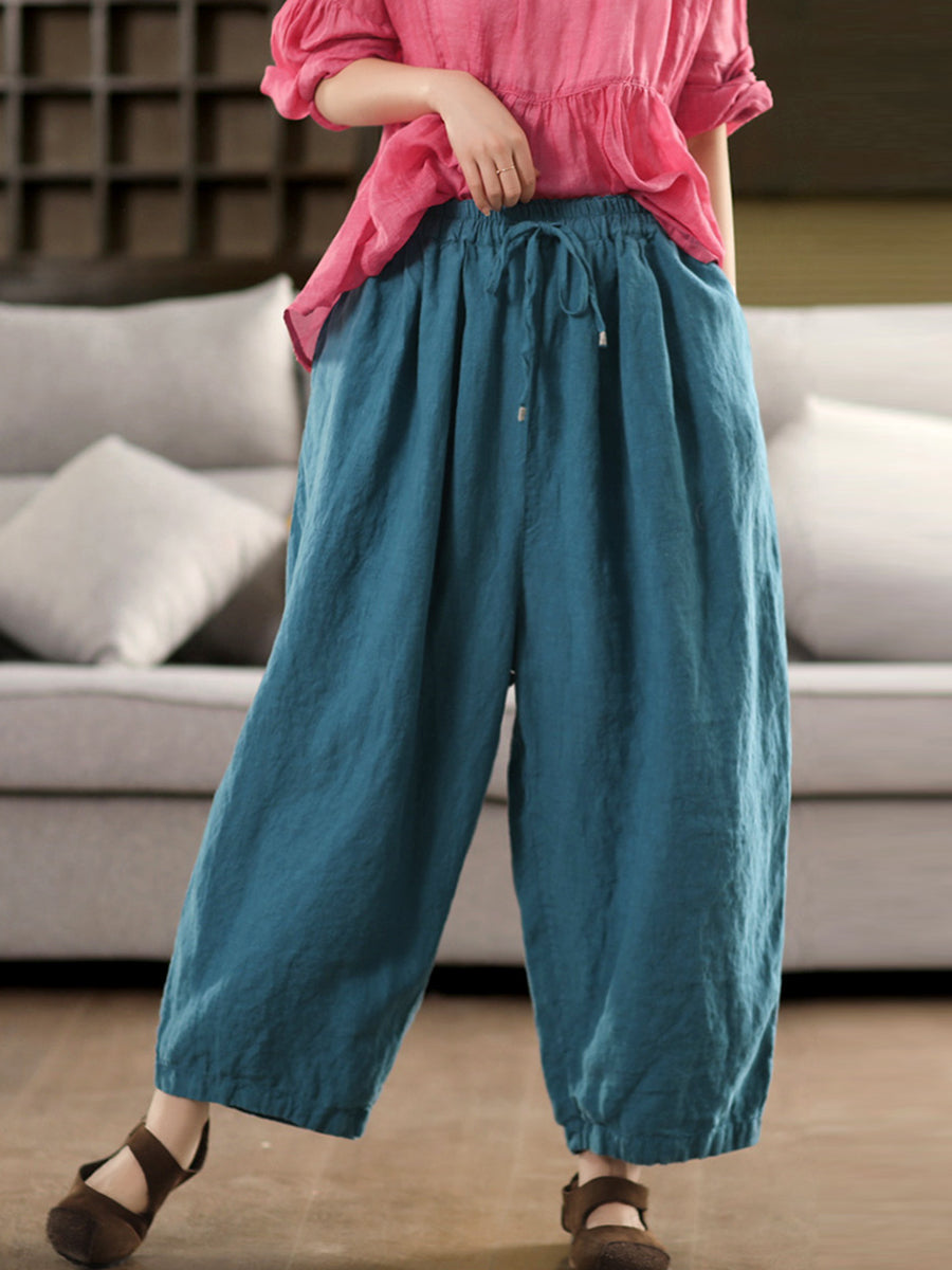 Women 100%Linen Pure Casual Summer Wide-leg Pants Color