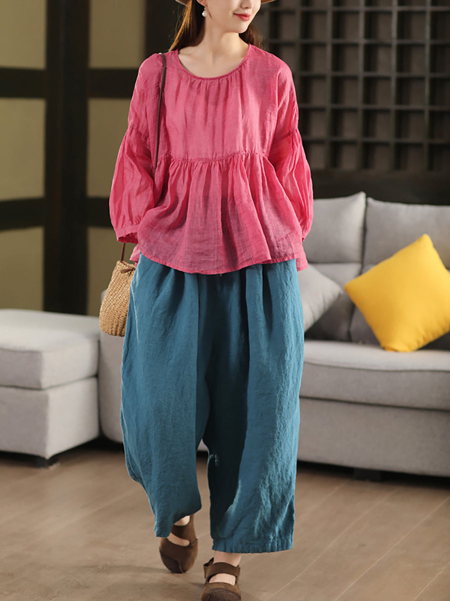 Women 100%Linen Pure Casual Summer Wide-leg Pants Color