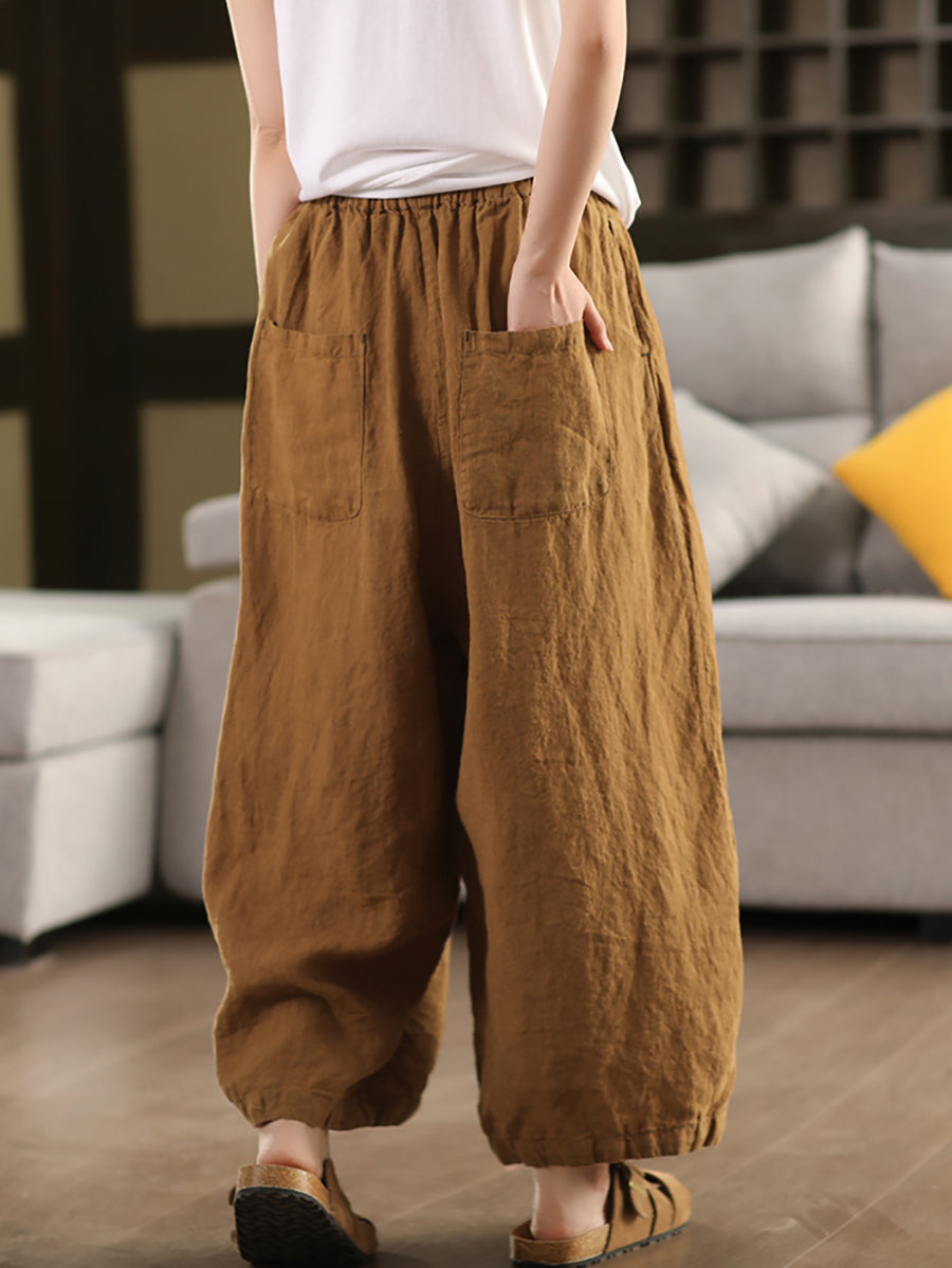 Women 100%Linen Pure Casual Summer Wide-leg Pants Color