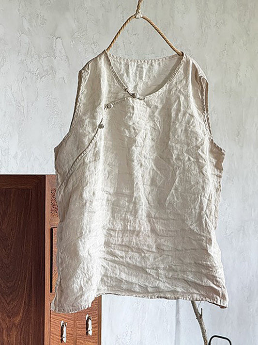 Vest Pure Women Summer Color 100%Linen O-Neck