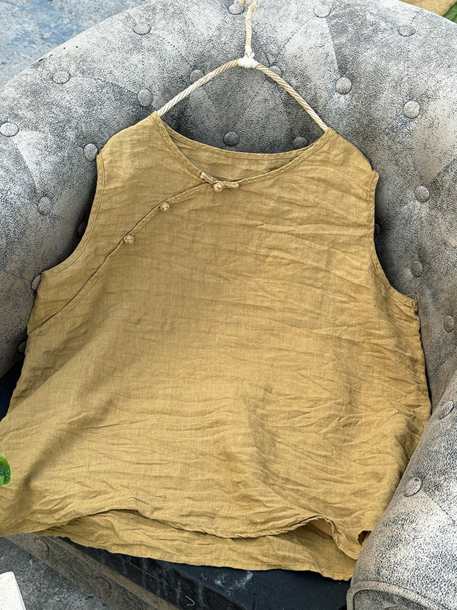 Vest Pure Women Summer Color 100%Linen O-Neck