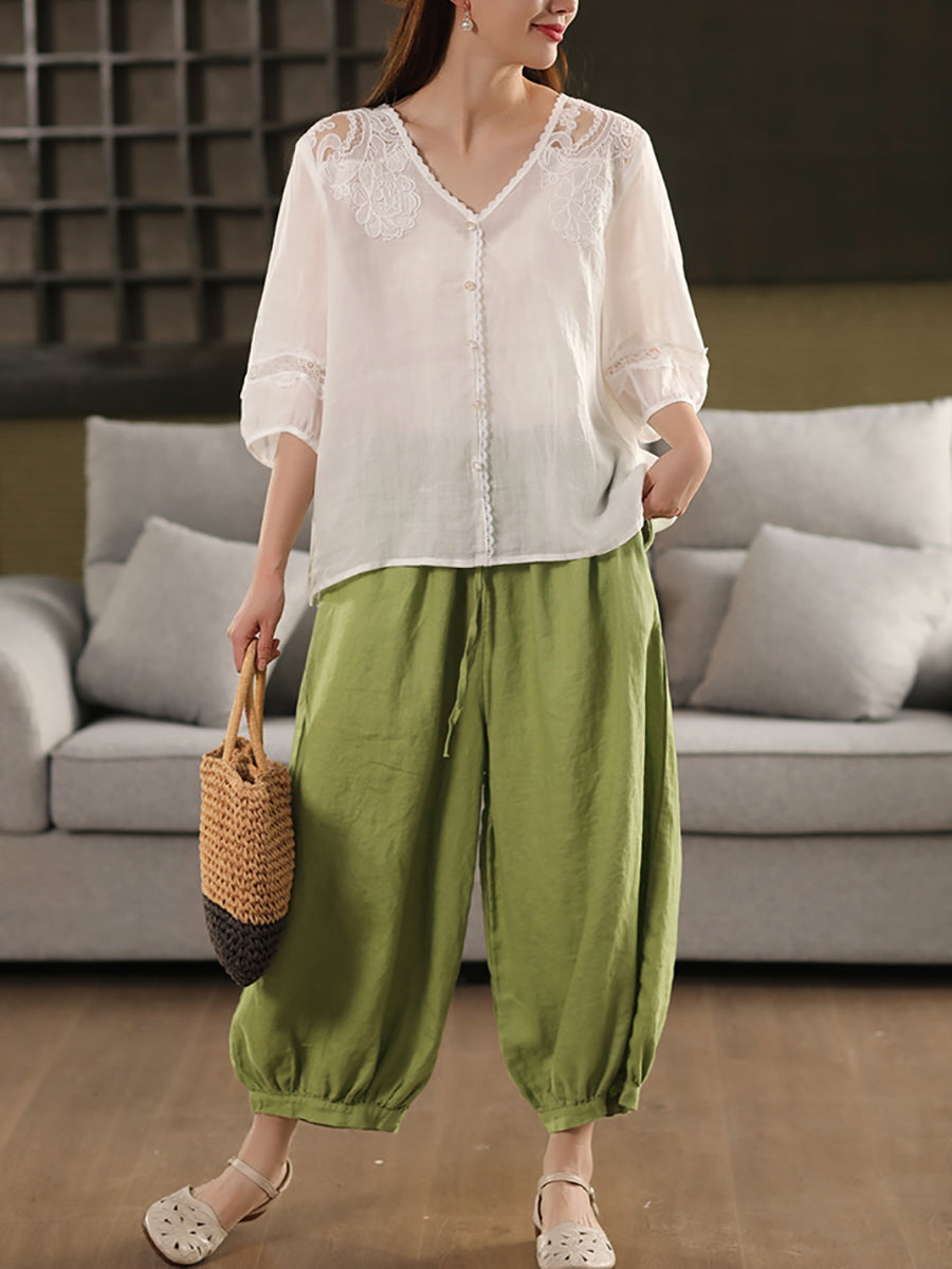 Color Summer Casual Harem 100%Linen Pants Pure Women