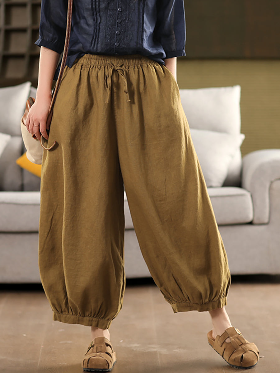 Color Summer Casual Harem 100%Linen Pants Pure Women