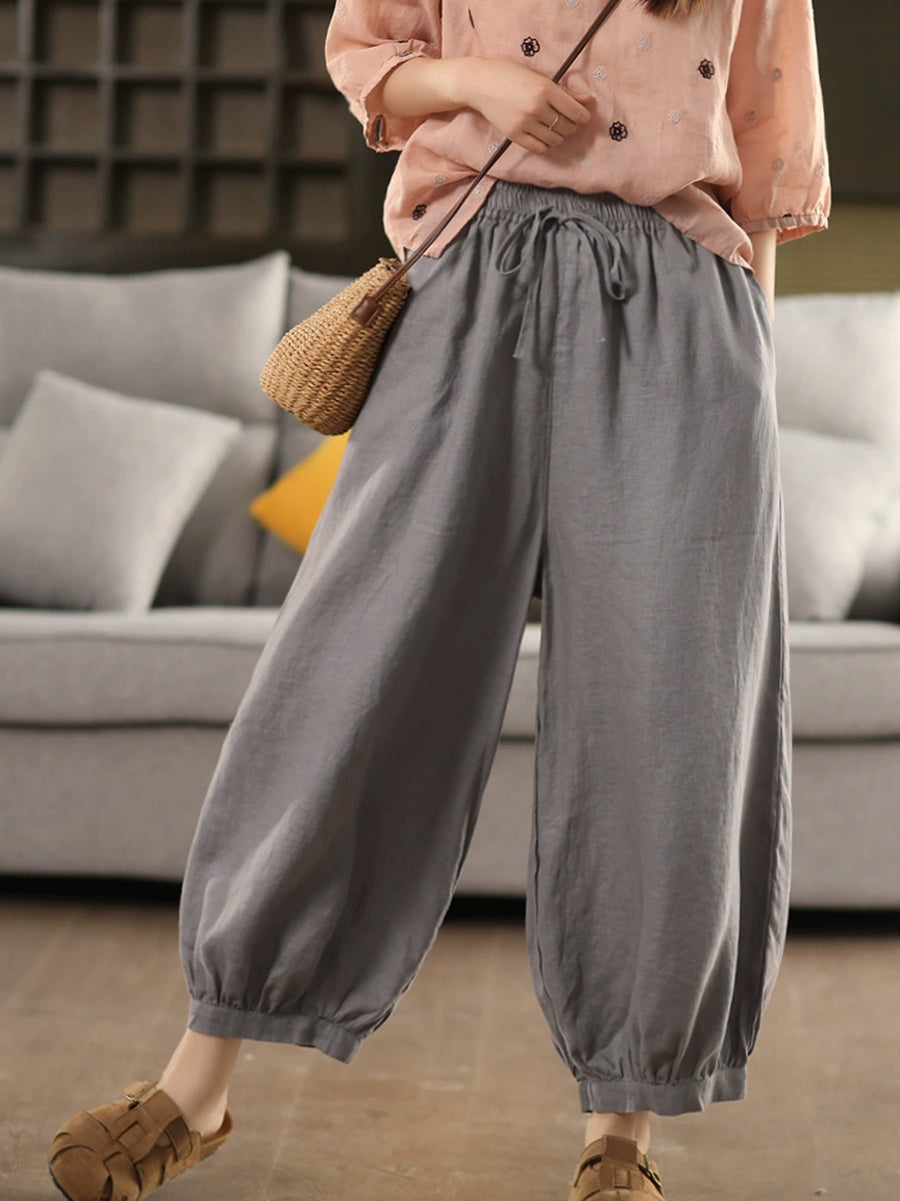 Color Summer Casual Harem 100%Linen Pants Pure Women