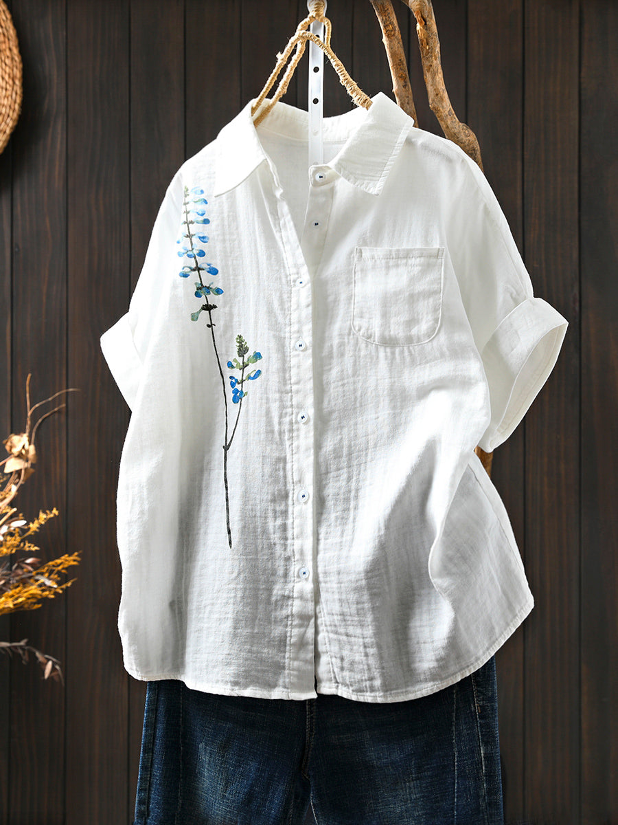Women Shirt Tun-down Collar Flower Artsy 100%Cotton