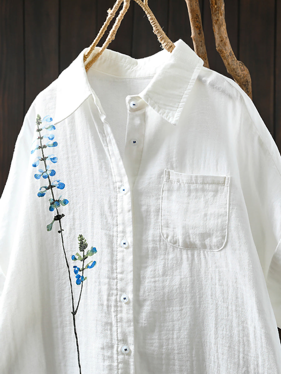 Women Shirt Tun-down Collar Flower Artsy 100%Cotton