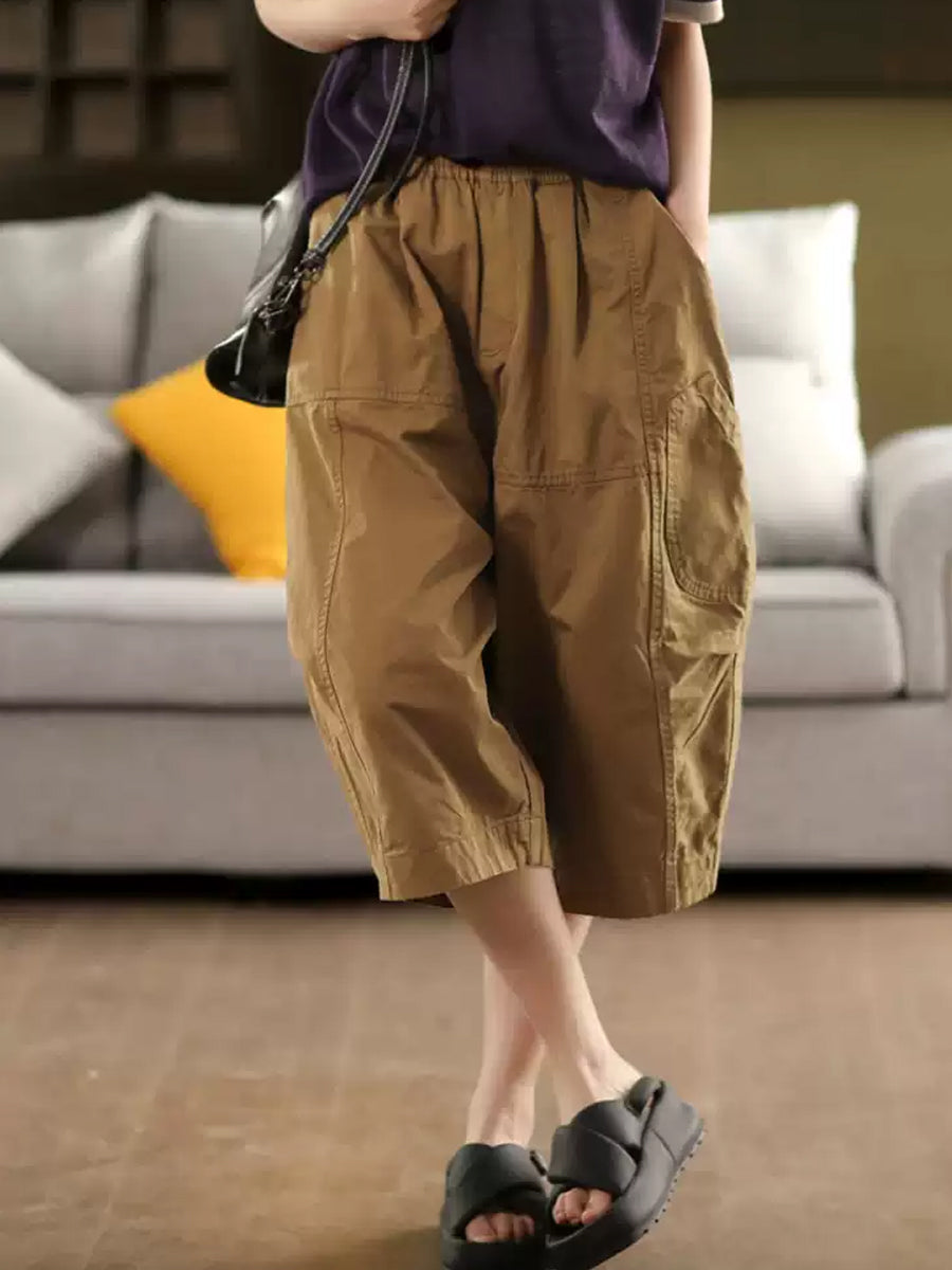 Casual 100%Cotton Pants Women Pure Cropped Color