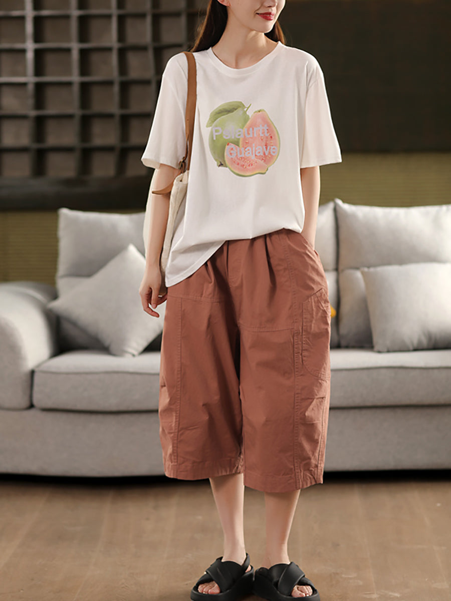 Casual 100%Cotton Pants Women Pure Cropped Color