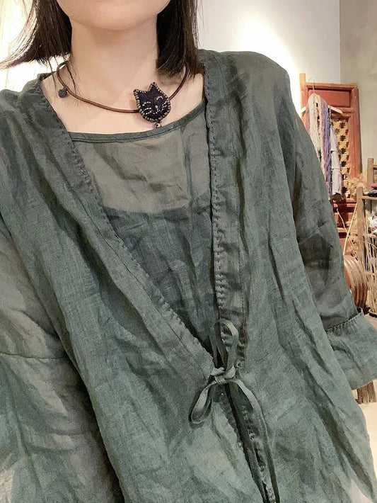 Ramie Shirt Vintage Color Pure Women V-Neck Summer