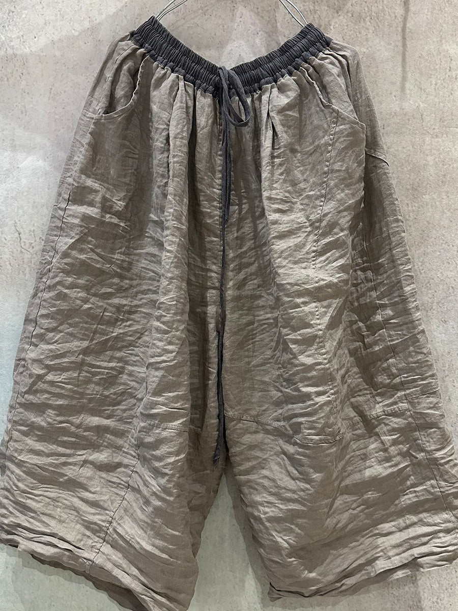 Wide-leg Colorblock Women Summer Pants Linen