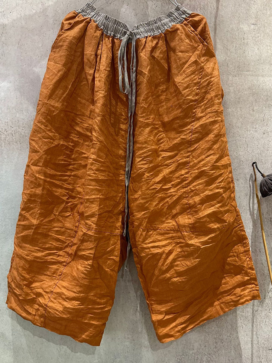 Wide-leg Colorblock Women Summer Pants Linen