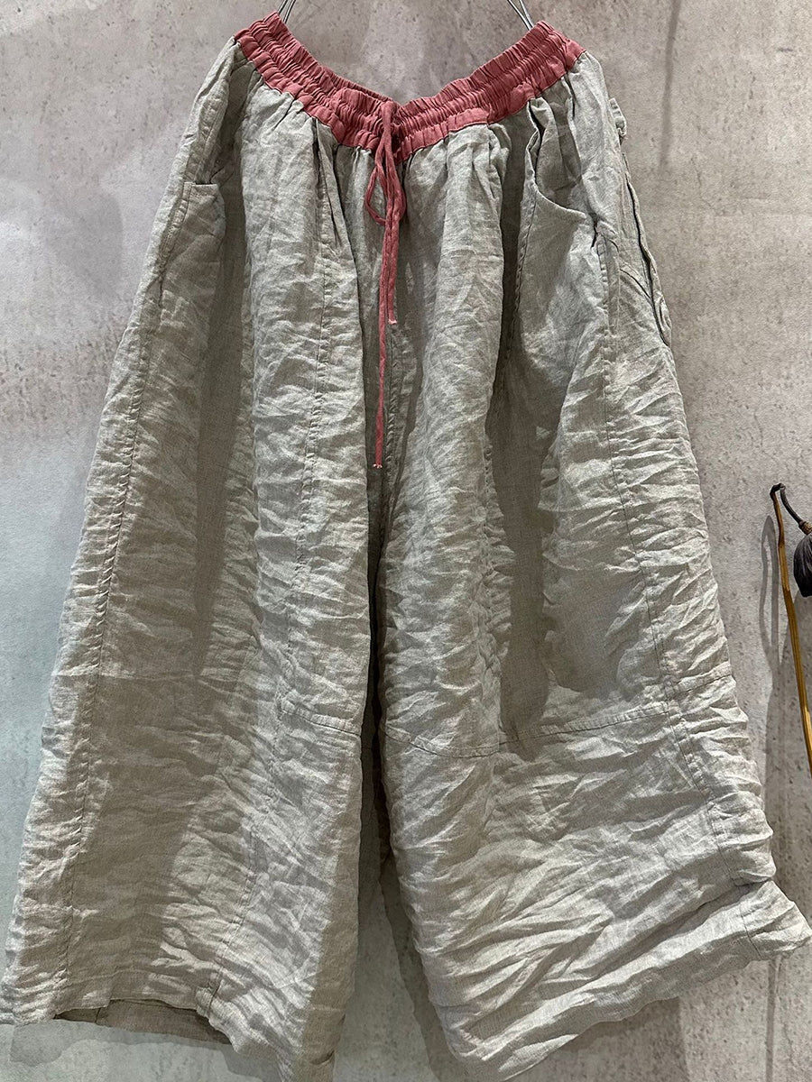 Wide-leg Colorblock Women Summer Pants Linen