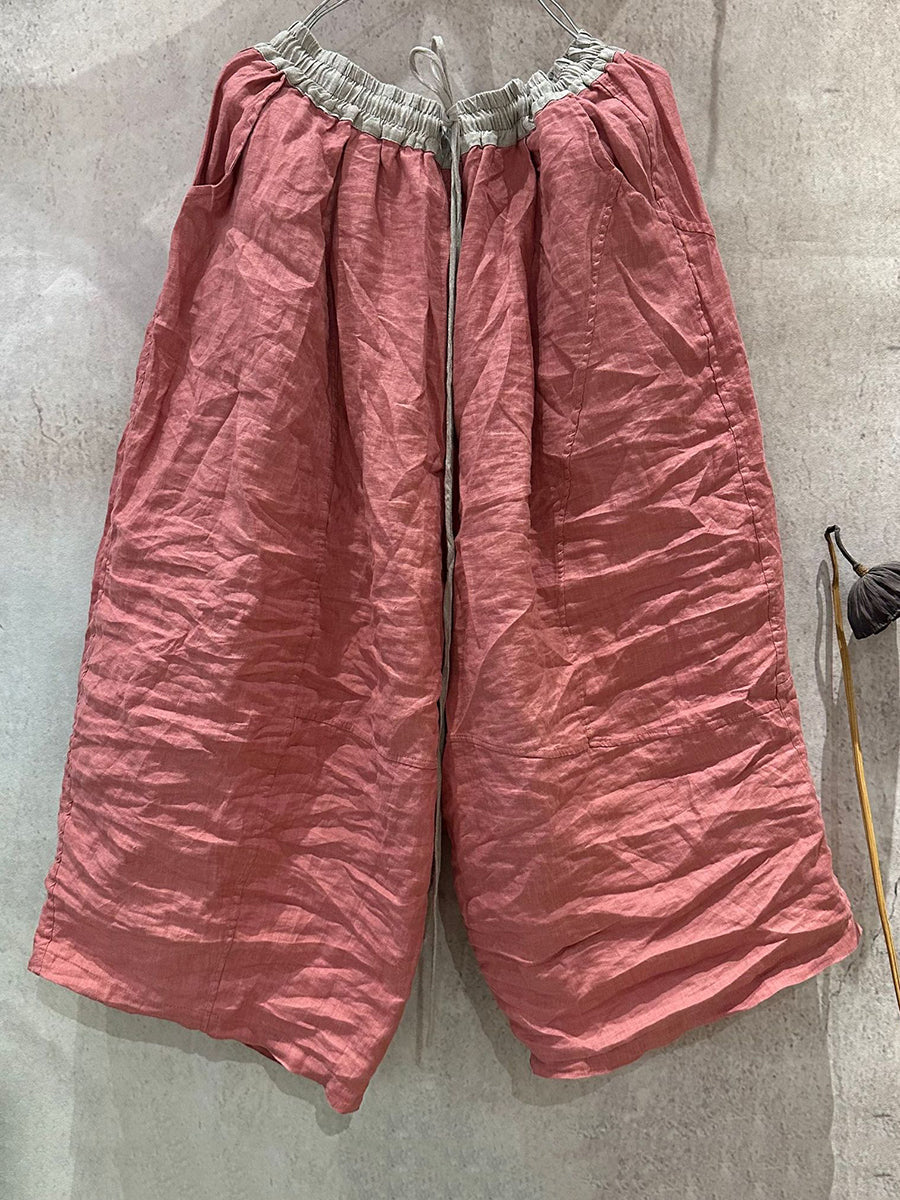 Wide-leg Colorblock Women Summer Pants Linen