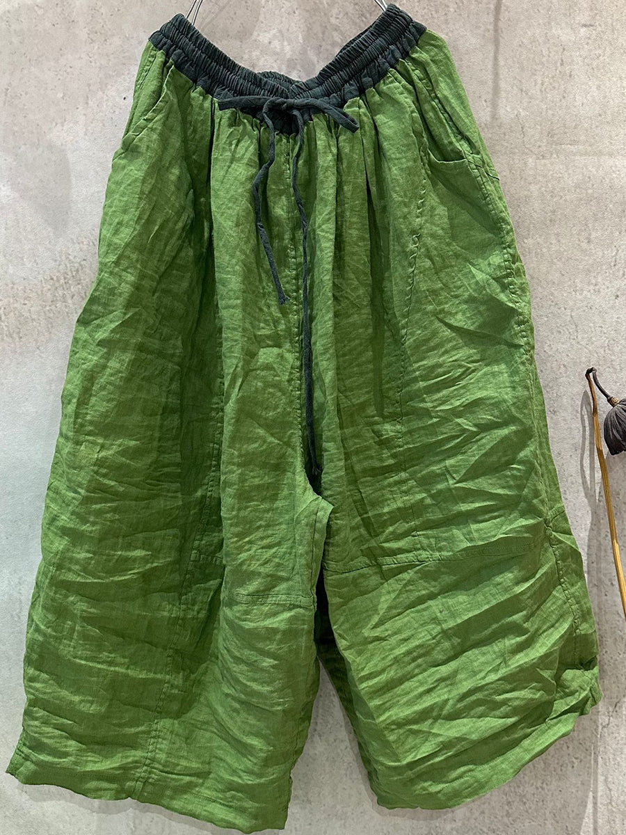 Wide-leg Colorblock Women Summer Pants Linen