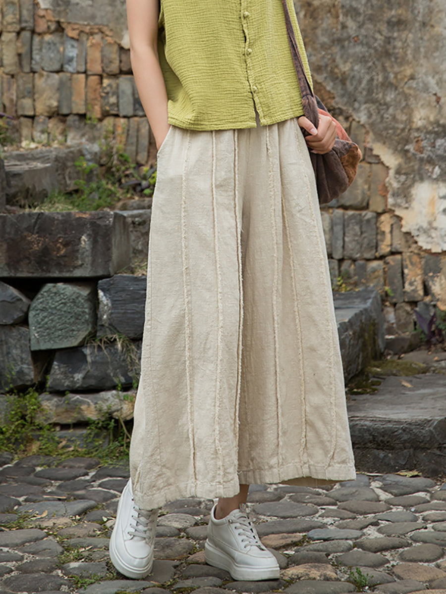 Raw-edge Summer Pants Worn Ramie Wide-leg Women