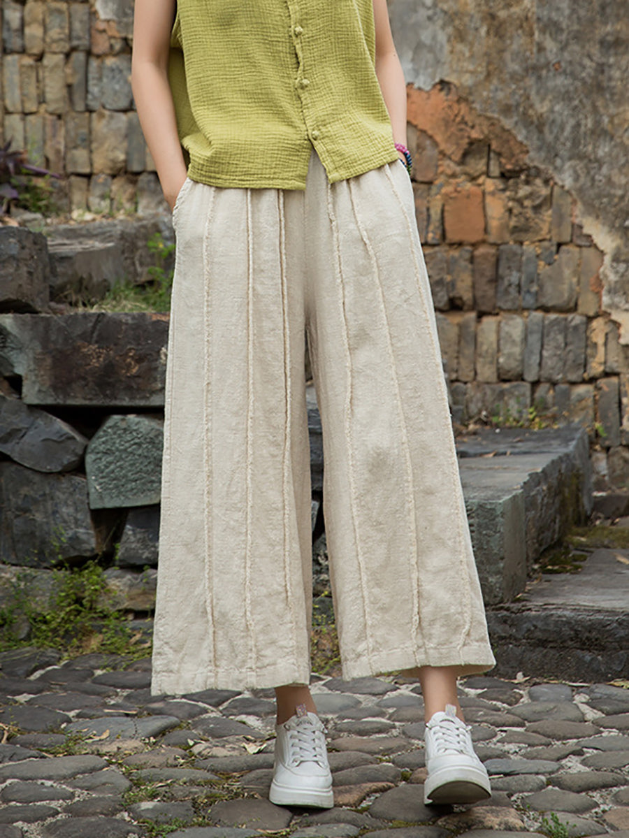 Raw-edge Summer Pants Worn Ramie Wide-leg Women