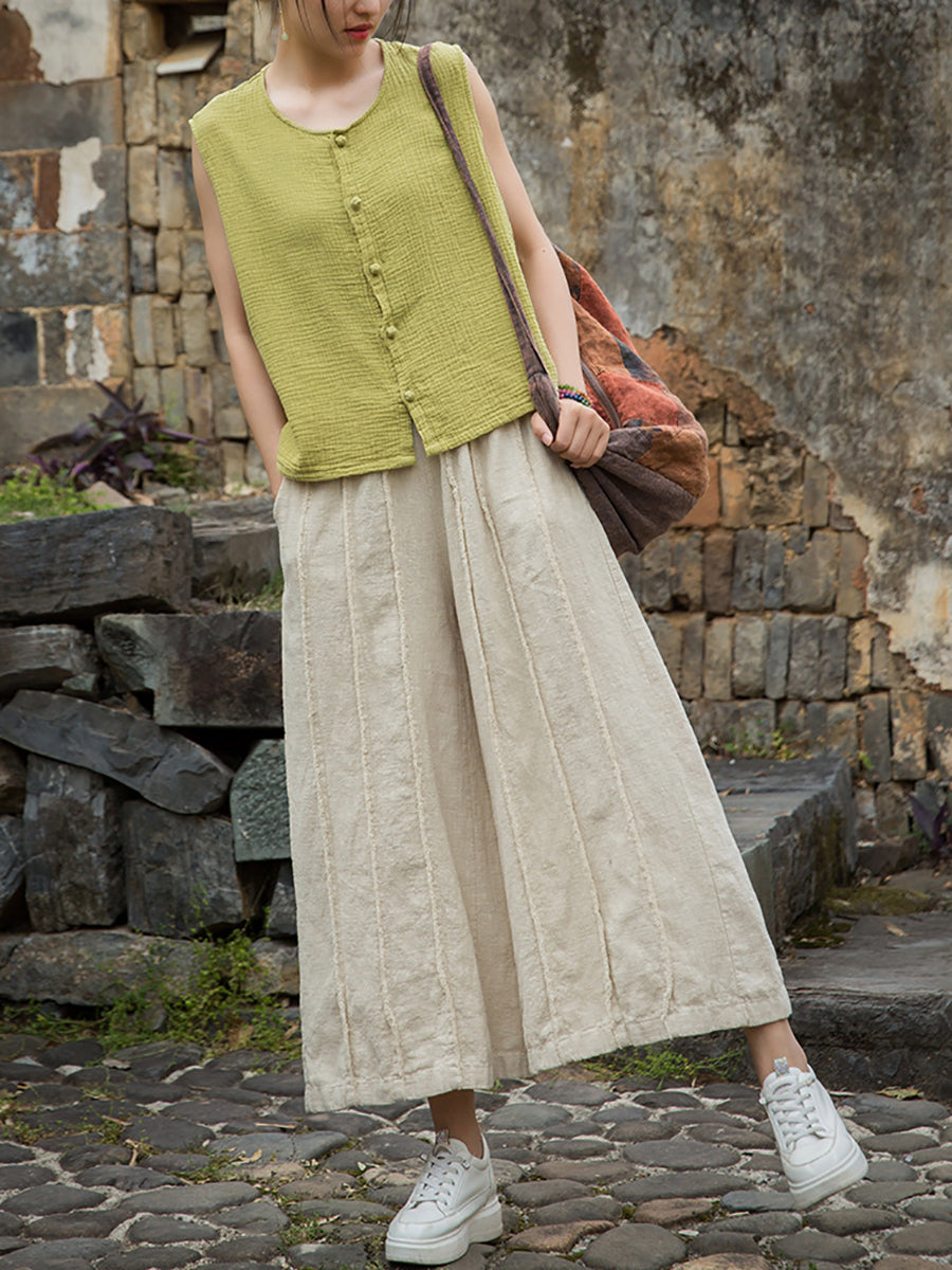 Raw-edge Summer Pants Worn Ramie Wide-leg Women