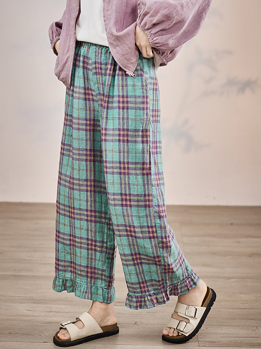 Artsy Women 100%Linen Pants Straight Summer Plaid