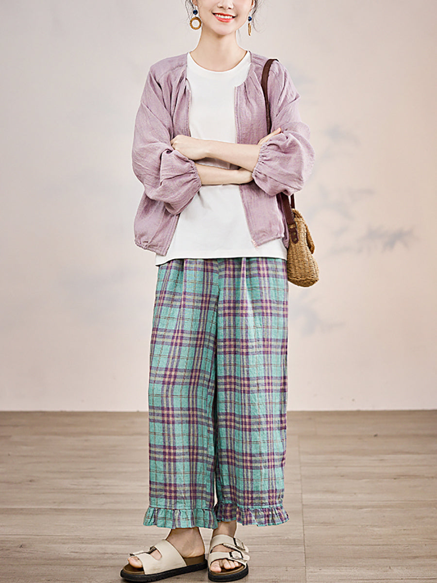 Artsy Women 100%Linen Pants Straight Summer Plaid