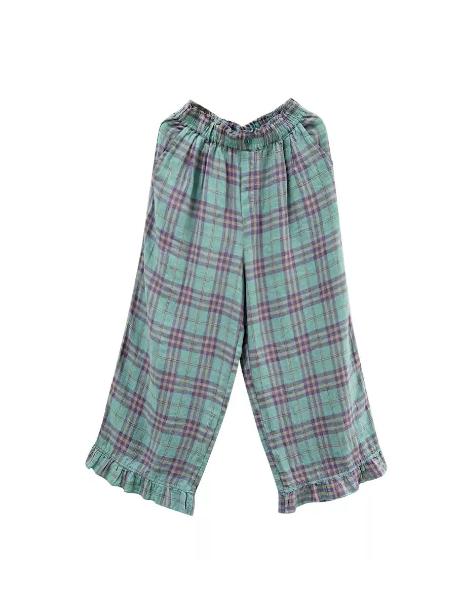 Artsy Women 100%Linen Pants Straight Summer Plaid