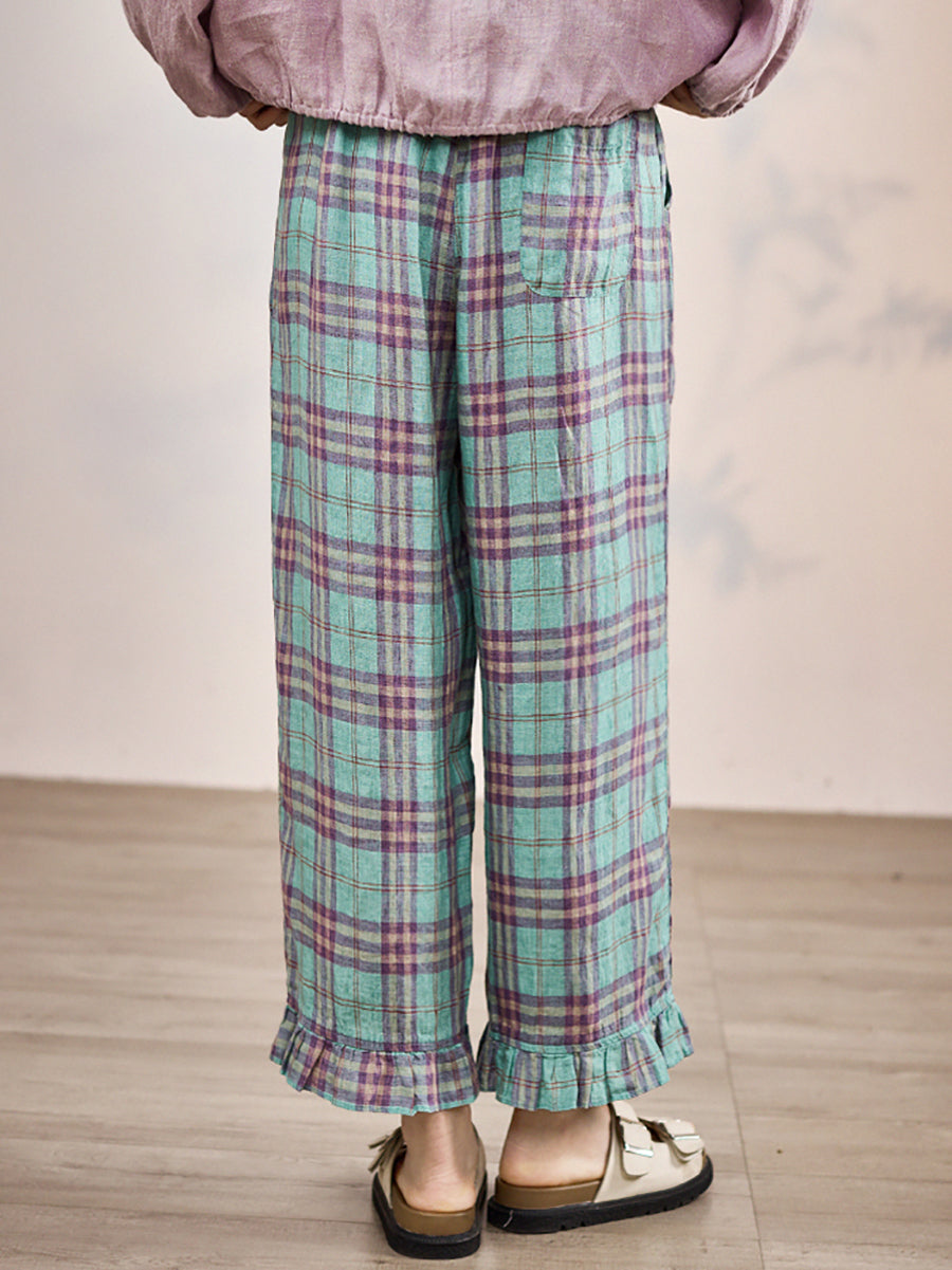 Artsy Women 100%Linen Pants Straight Summer Plaid