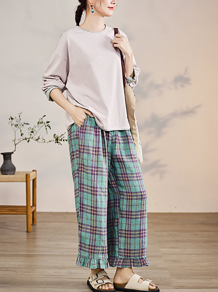 Artsy Women 100%Linen Pants Straight Summer Plaid