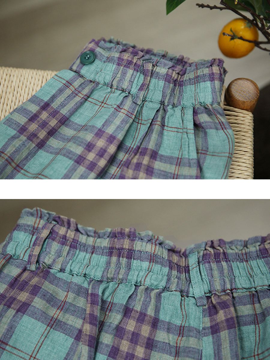 Artsy Women 100%Linen Pants Straight Summer Plaid